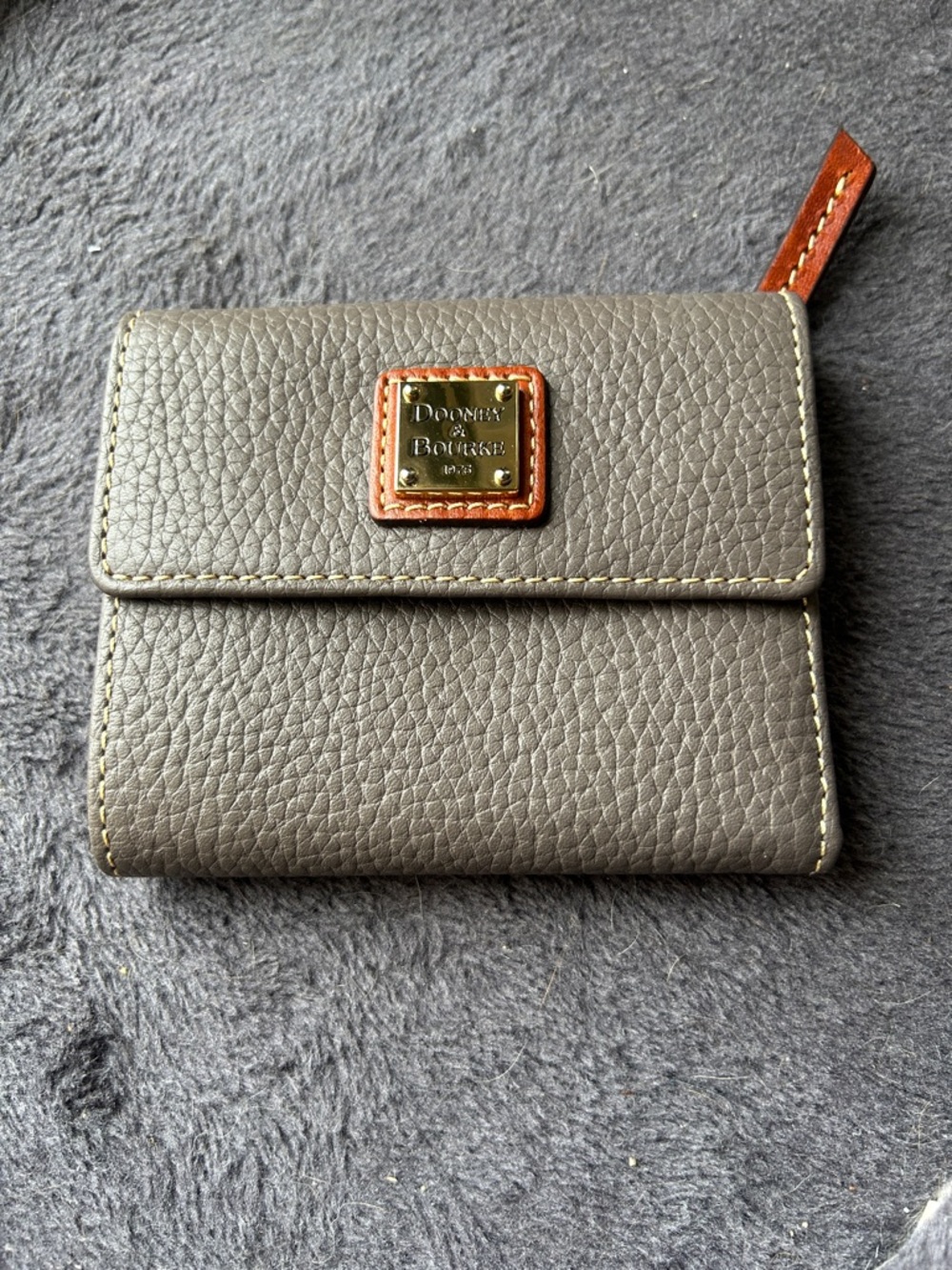 Dooney & Bourke Gray Pebble Leather Trifold Wallet with Brown Trim